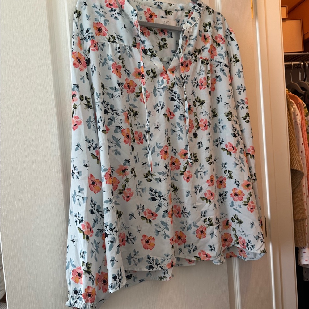 LOFT Orange Relaxed Buttoned Blouse with Mandarin Collar